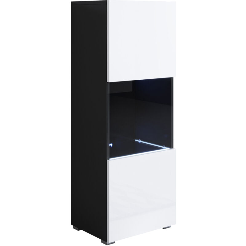 foto del prodotto vetrina con piedini 2cm e led mobile soggiorno moderno salotto vetrinetta pensile 40x128x28 modello luke v3 nero e bianco lucido