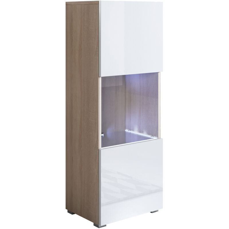 foto del prodotto vetrina con piedini 2cm e led mobile soggiorno moderno salotto vetrinetta pensile 40x128x28 modello luke v3 sonoma opaco e bianco lucido