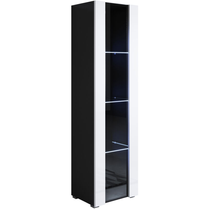 foto del prodotto vetrina con piedini 2cm e led mobile soggiorno moderno salotto vetrinetta pensile 40x167x28 modello luke v5 nero e bianco lucido
