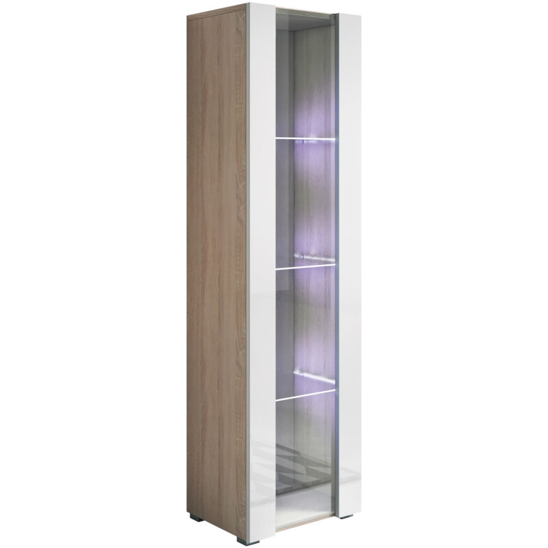 foto del prodotto vetrina con piedini 2cm e led mobile soggiorno moderno salotto vetrinetta pensile 40x167x28 modello luke v5 sonoma opaco e bianco lucido