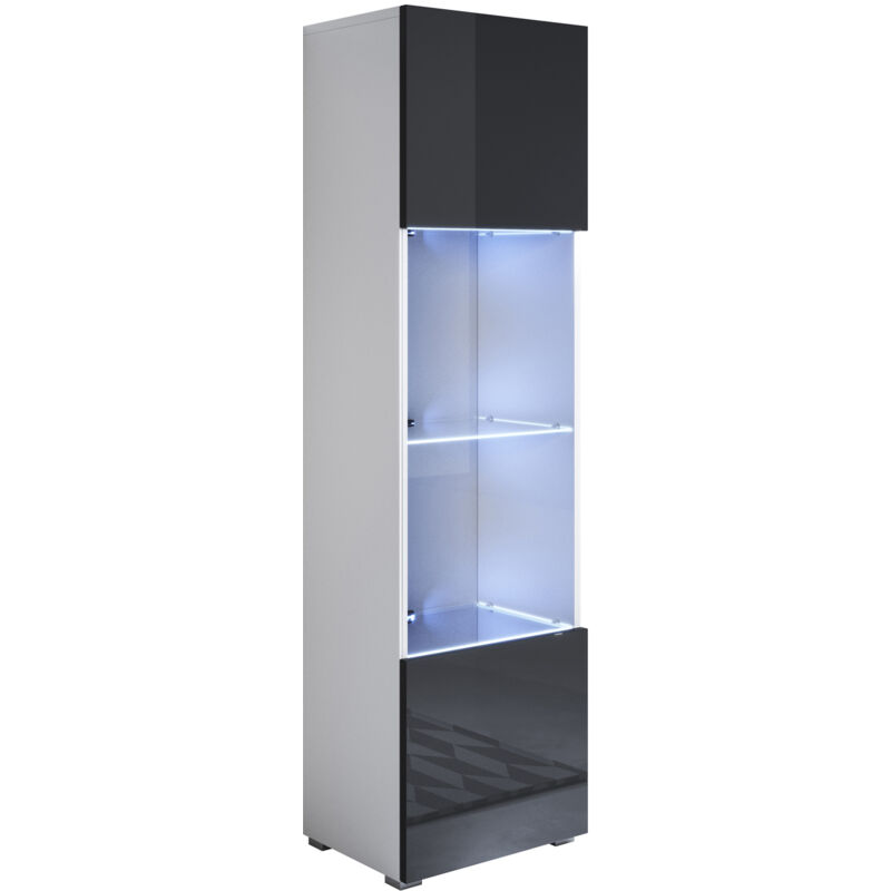 foto del prodotto vetrina con piedini 2cm e led mobile soggiorno moderno salotto vetrinetta pensile 40x167x28 modello luke v6 bianco e nero lucido