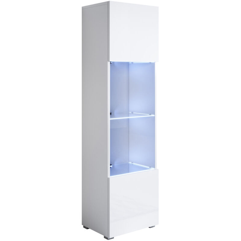 foto del prodotto vetrina con piedini 2cm e led mobile soggiorno moderno salotto vetrinetta pensile 40x167x28 modello luke v6 bianco lucido