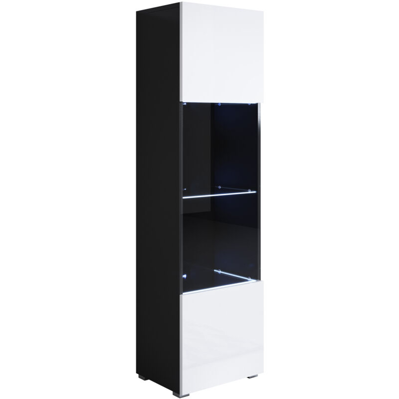 foto del prodotto vetrina con piedini 2cm e led mobile soggiorno moderno salotto vetrinetta pensile 40x167x28 modello luke v6 nero e bianco lucido