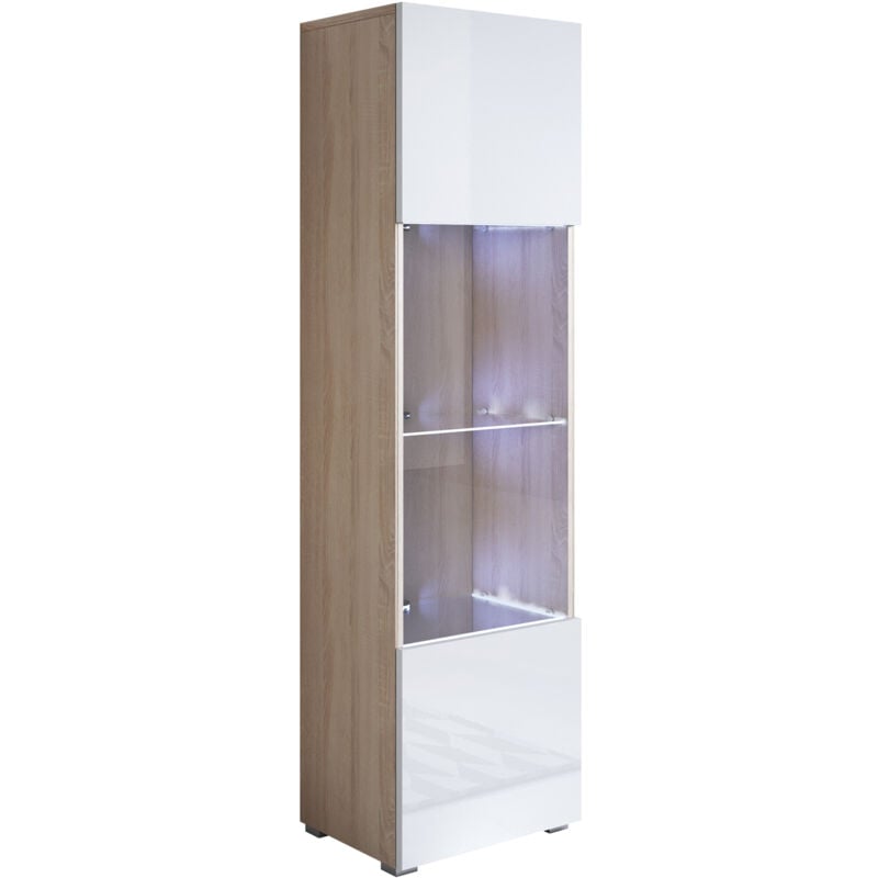 foto del prodotto vetrina con piedini 2cm e led mobile soggiorno moderno salotto vetrinetta pensile 40x167x28 modello luke v6 sonoma opaco e bianco lucido