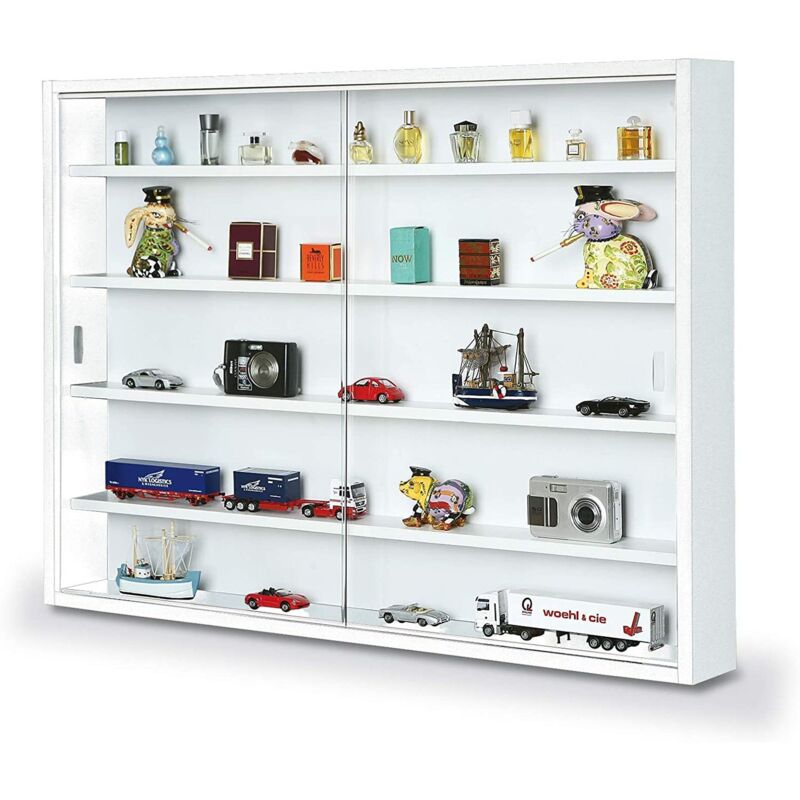 foto del prodotto vetrina con ripiani interni, colore bianco, misure 60 x 10 x 80 cm, con imballo rinforzato dmora