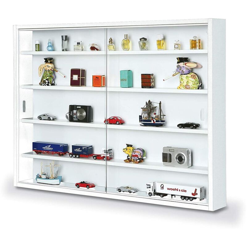 foto del prodotto vetrina con ripiani interni, colore bianco, misure 60 x 10 x 80 cm, con imballo rinforzato dmora