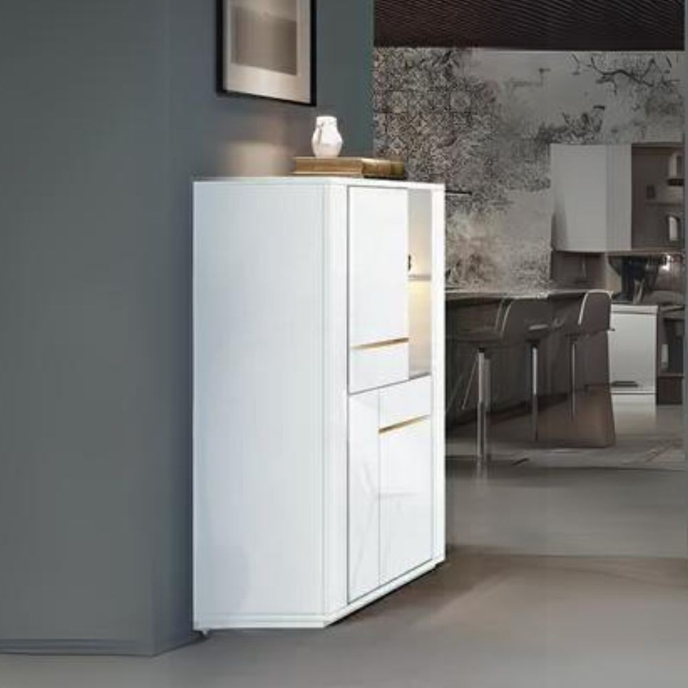 foto del prodotto vetrina credenza 2 ante bianco lucido laccato con particolari oro alce 117x49x157h