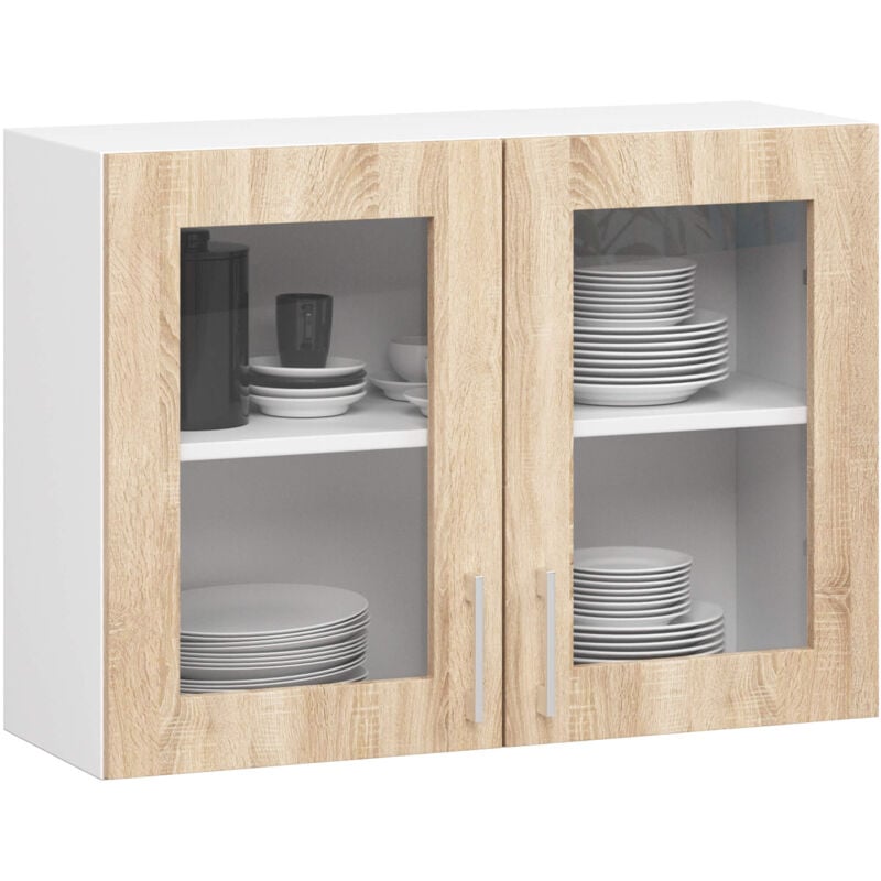 foto del prodotto vetrina da cucina sospesa akord lima bianca 80 cm 2 porte inserto frontale quercia sonoma 80x30,5x58 cm