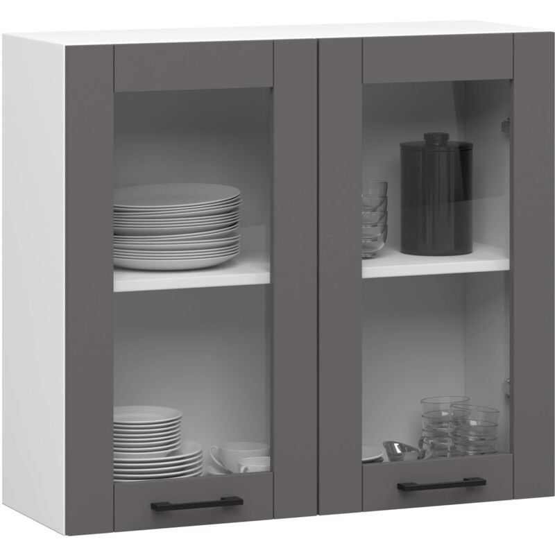 foto del prodotto vetrina da cucina sospesa bianca 80 cm 2 porte colore frontale grigio grafite 80x30,5x72 cm