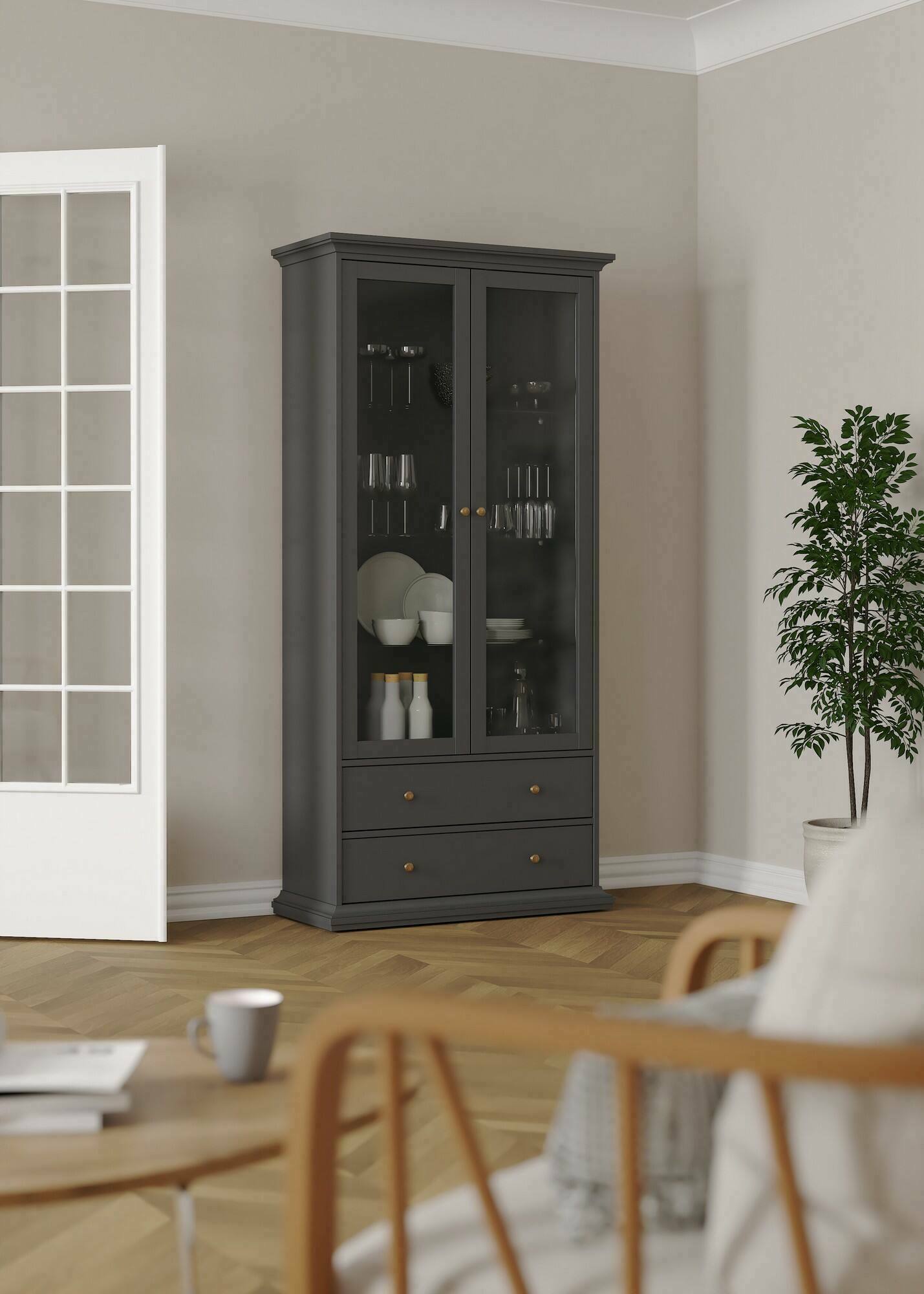 foto del prodotto vetrina honore, credenza espositiva, vetrinetta multiuso, madia da soggiorno, 96x42 h201 cm, grigio