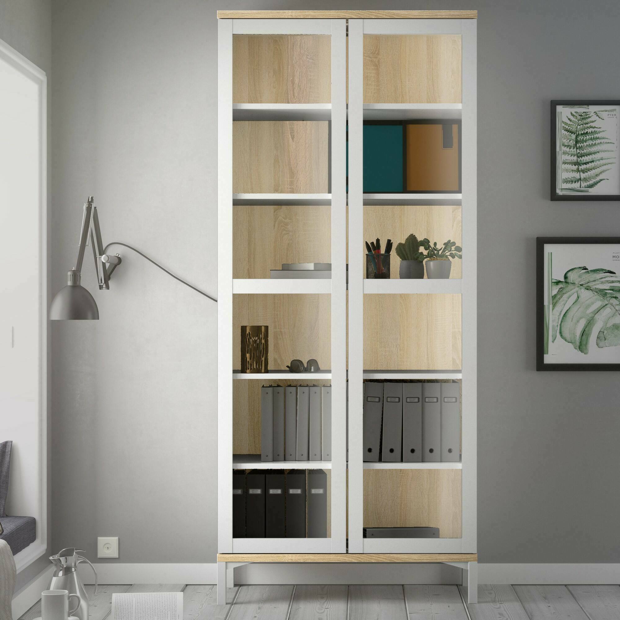 foto del prodotto vetrina hudhud, credenza espositiva, vetrinetta multiuso, madia da soggiorno, 89x36 h203 cm, bianco e quercia