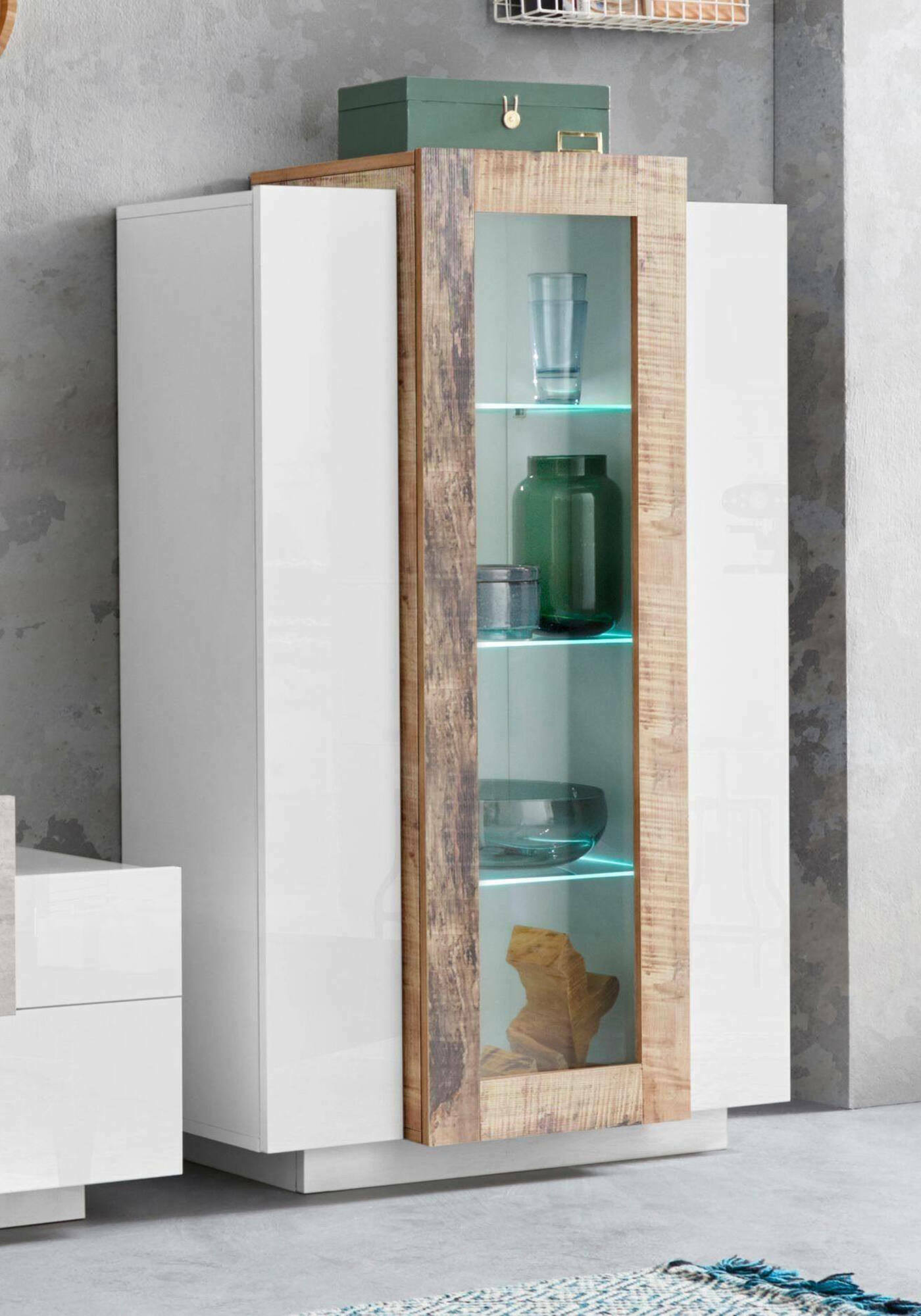 foto del prodotto vetrina moderna con anta a ablaze, made in italy, mobile vetrinetta da soggiorno, cm 80x38h121, bianco lucido e acero, con luce led bianca