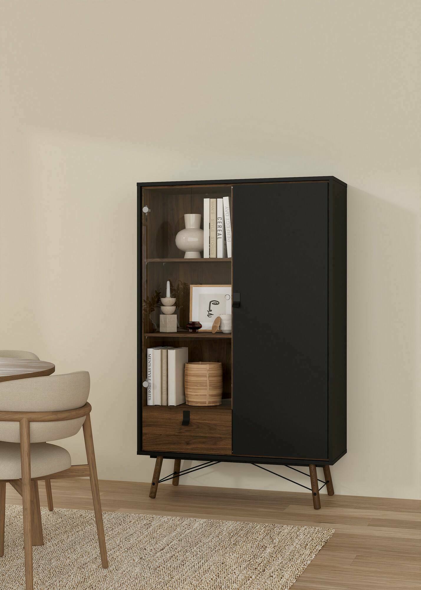 foto del prodotto vetrina mora, credenza espositiva, vetrinetta multiuso, madia da soggiorno, 102x40 h162 cm, nero e noce