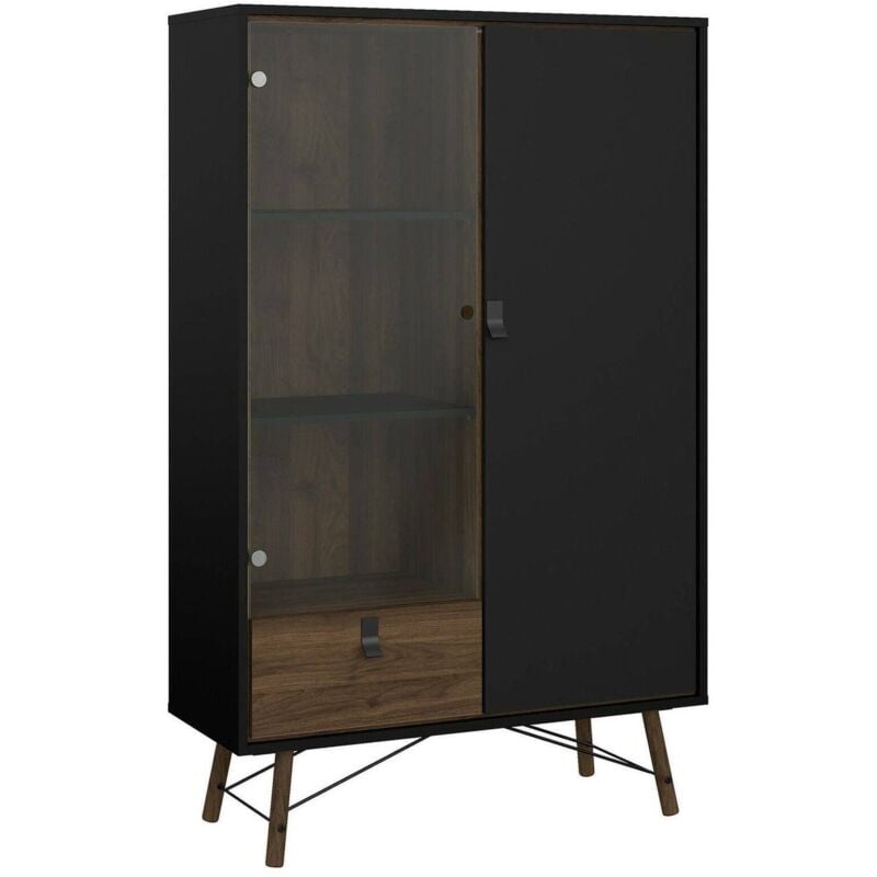 foto del prodotto vetrina mora, credenza espositiva, vetrinetta multiuso, madia da soggiorno, 102x40 h162 cm, nero e noce dmora