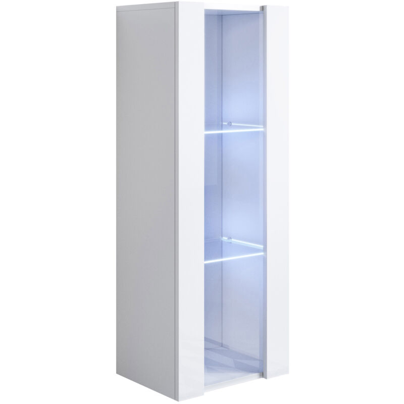 foto del prodotto vetrina sospesa con led mobile soggiorno moderno salotto vetrinetta pensile 40x126x28 modello luke v2 bianco lucido