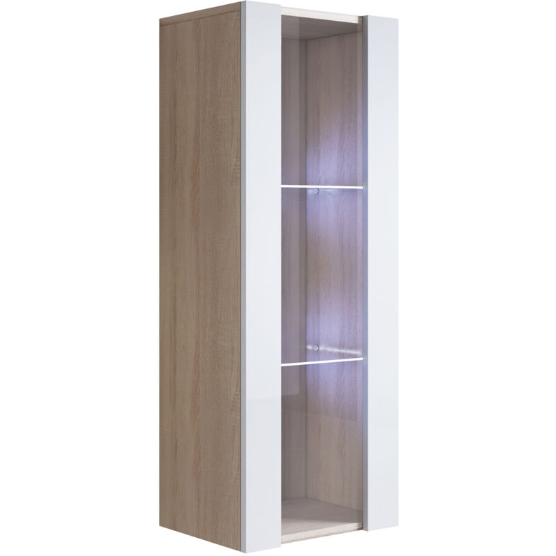 foto del prodotto vetrina sospesa con led mobile soggiorno moderno salotto vetrinetta pensile 40x126x28 modello luke v2 sonoma opaco e bianco lucido