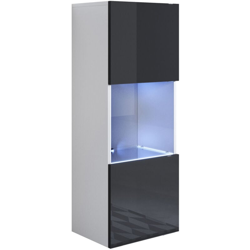 foto del prodotto vetrina sospesa con led mobile soggiorno moderno salotto vetrinetta pensile 40x126x28 modello luke v3 bianco e nero lucido
