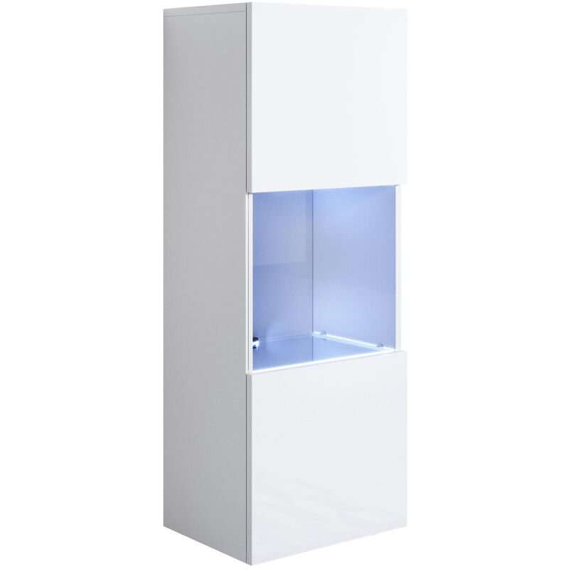 foto del prodotto vetrina sospesa con led mobile soggiorno moderno salotto vetrinetta pensile 40x126x28 modello luke v3 bianco lucido