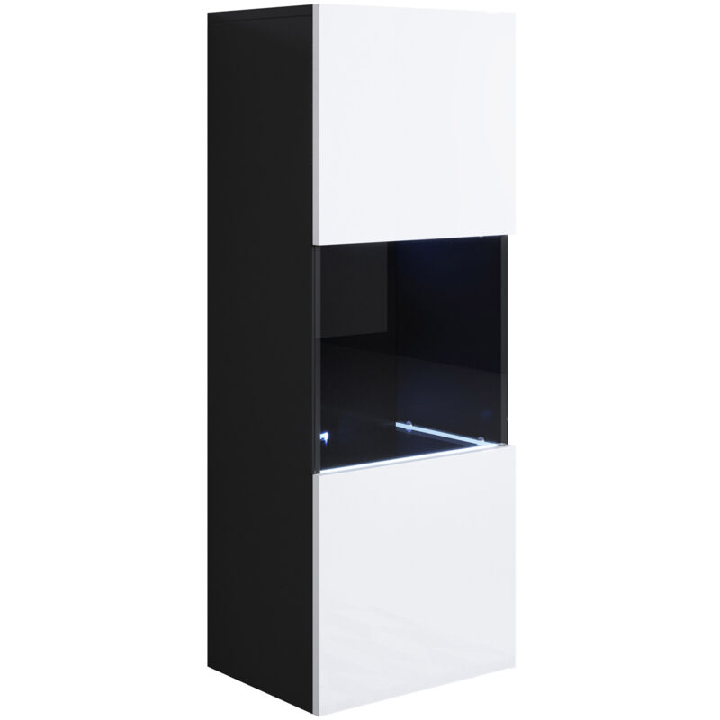 foto del prodotto vetrina sospesa con led mobile soggiorno moderno salotto vetrinetta pensile 40x126x28 modello luke v3 nero e bianco lucido