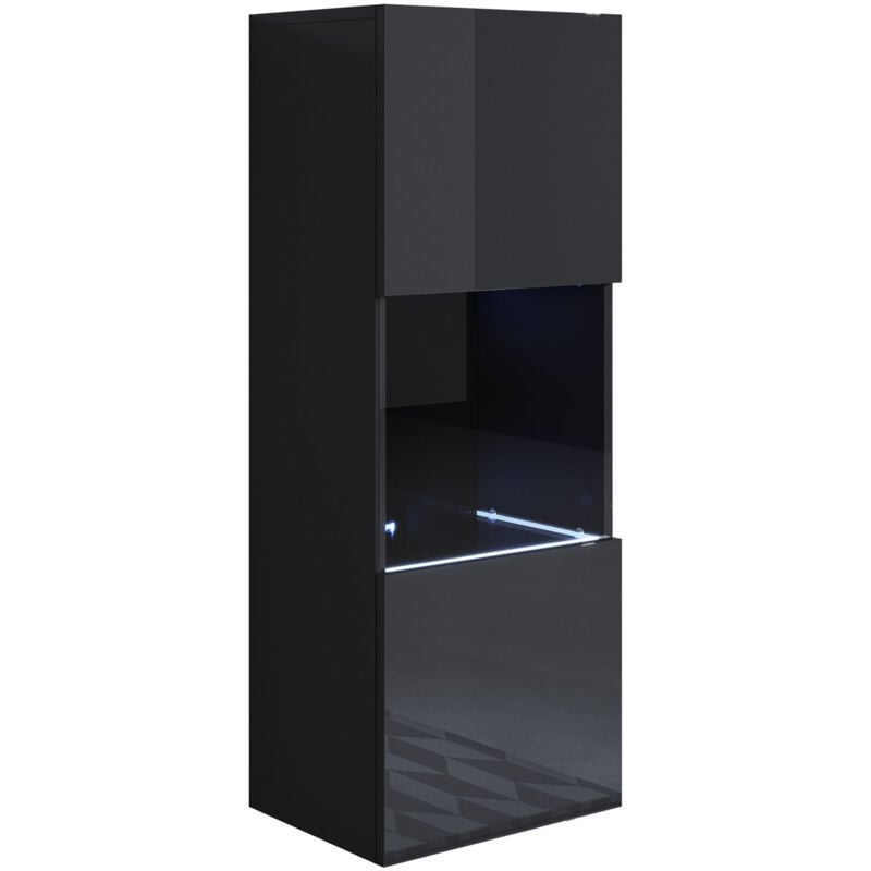 foto del prodotto vetrina sospesa con led mobile soggiorno moderno salotto vetrinetta pensile 40x126x28 modello luke v3 nero lucido