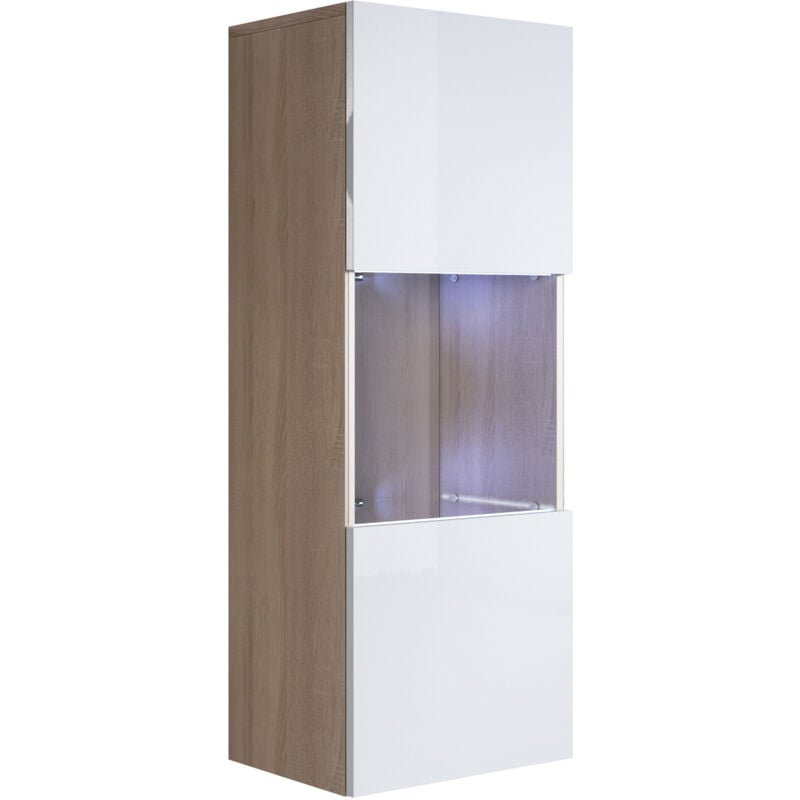 foto del prodotto vetrina sospesa con led mobile soggiorno moderno salotto vetrinetta pensile 40x126x28 modello luke v3 sonoma opaco e bianco lucido