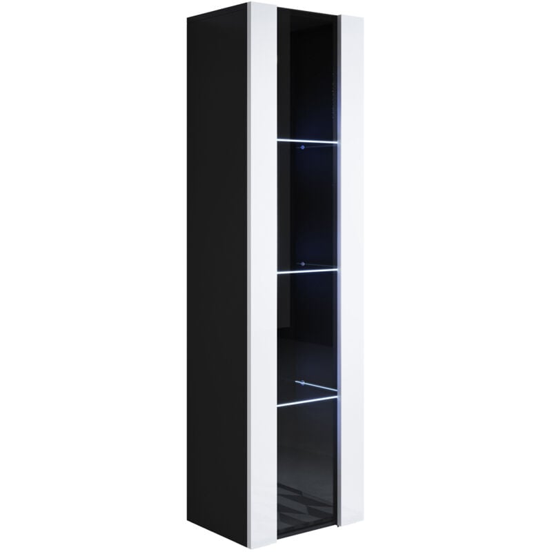foto del prodotto vetrina sospesa con led mobile soggiorno moderno salotto vetrinetta pensile 40x165x28 modello luke v5 nero e bianco lucido