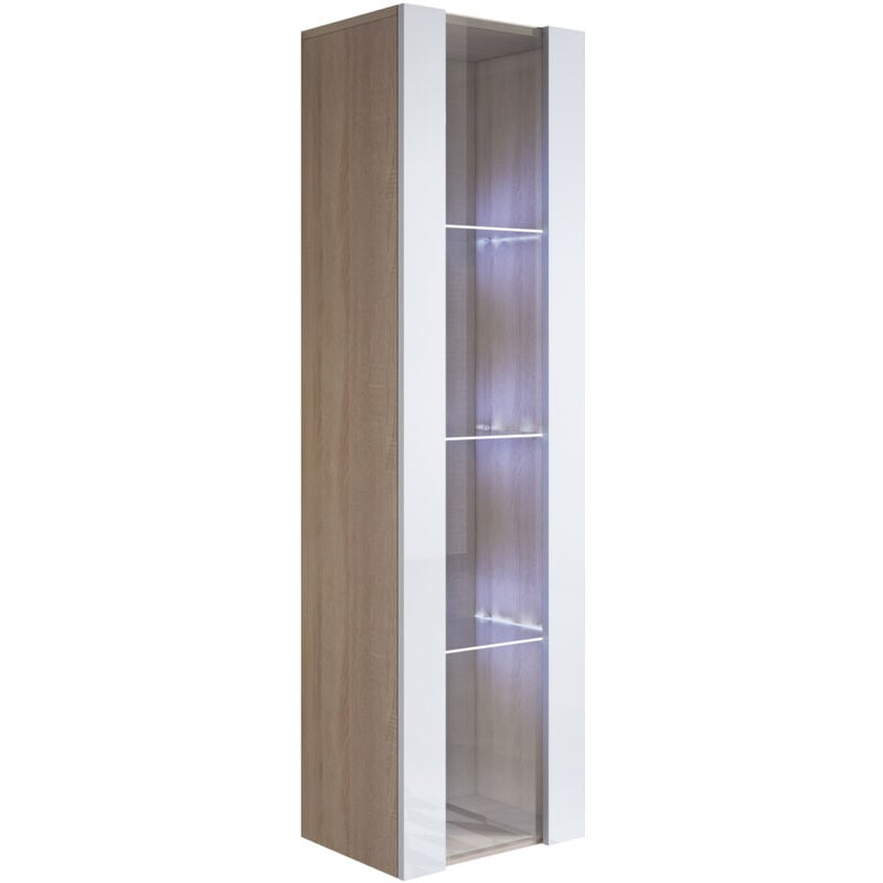 foto del prodotto vetrina sospesa con led mobile soggiorno moderno salotto vetrinetta pensile 40x165x28 modello luke v5 sonoma opaco e bianco lucido