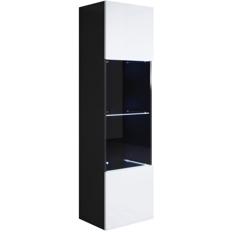 foto del prodotto vetrina sospesa con led mobile soggiorno moderno salotto vetrinetta pensile 40x165x28 modello luke v6 nero e bianco lucido