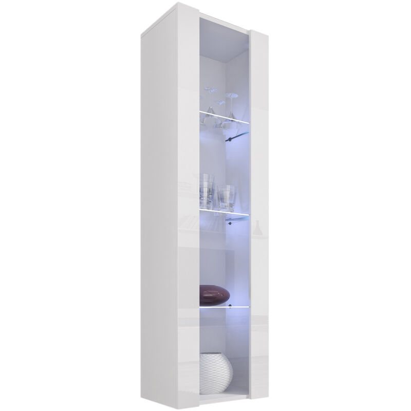 foto del prodotto vetrina sospesa con led mobile soggiorno vetrinetta pensile 1 ante salotto sala da pranzo 40x170x29cm modello nora v5 bianco lucido