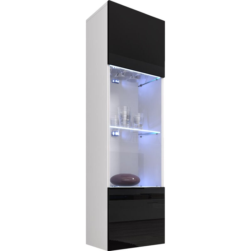 foto del prodotto vetrina sospesa con led mobile soggiorno vetrinetta pensile 1 ante salotto sala da pranzo 40x170x29cm modello nora v6 bianco e nero lucido