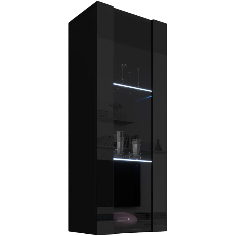foto del prodotto vetrina sospesa con led mobile soggiorno vetrinetta pensile salotto sala da pranzo 40x126x29cm modello nora v2 nero lucido