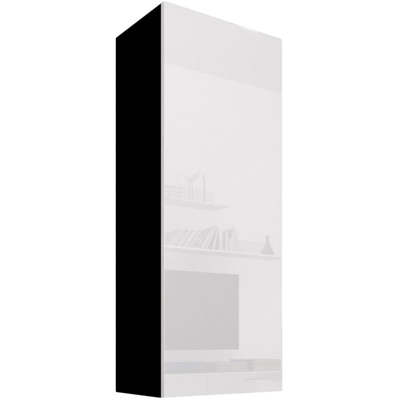 foto del prodotto vetrina sospesa mobile soggiorno vetrinetta pensile 1 ante salotto sala da pranzo 40x126x29cm modello nora v1 nero e bianco lucido