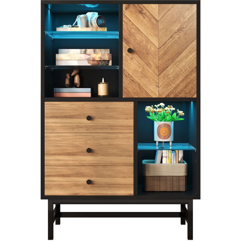 foto del prodotto vetrina, vetrina con striscia luminosa a led a 12 colori, mobile da cucina con cassetti e ripiani in vetro, venature del legno triangolari