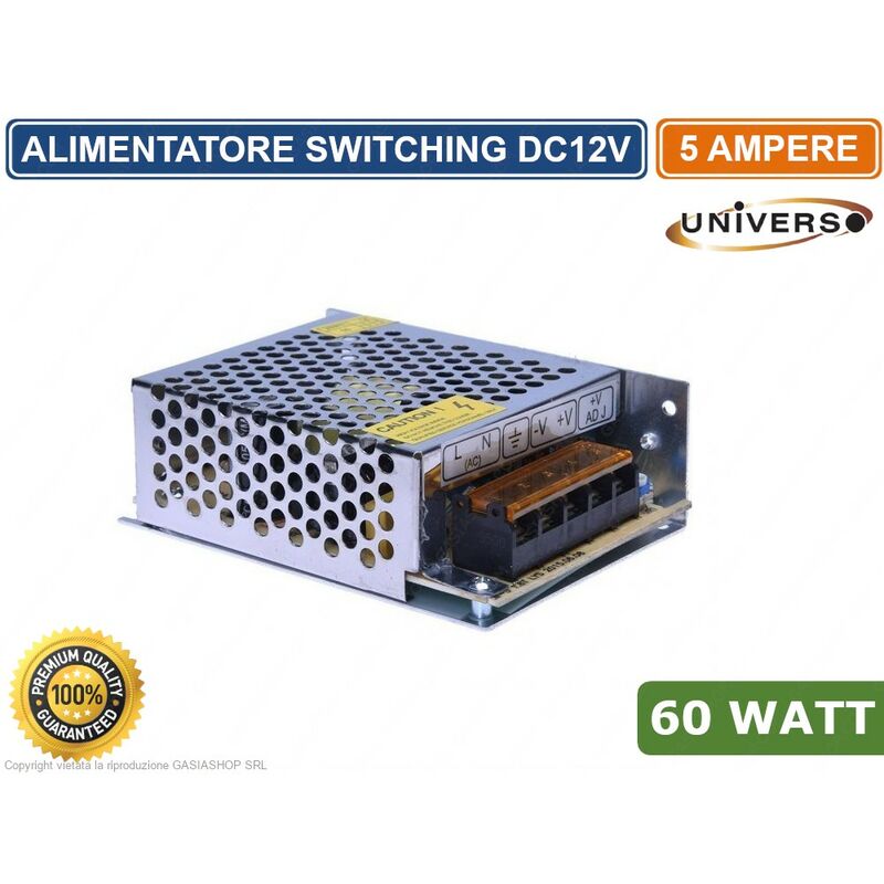 foto del prodotto vetrineinrete alimentatore metallico stabilizzato switching trimmer 220v 12v 5a 60 watt per illuminazione e sistemi di videosorveglianza cctv