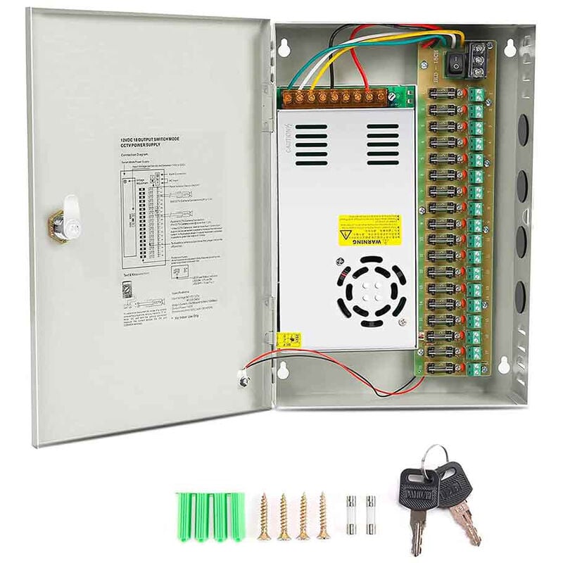 foto del prodotto vetrineinrete alimentatore stabilizzato per telecamere videosorveglianza con 18 uscite canali box telecamera 12v 20a 220v