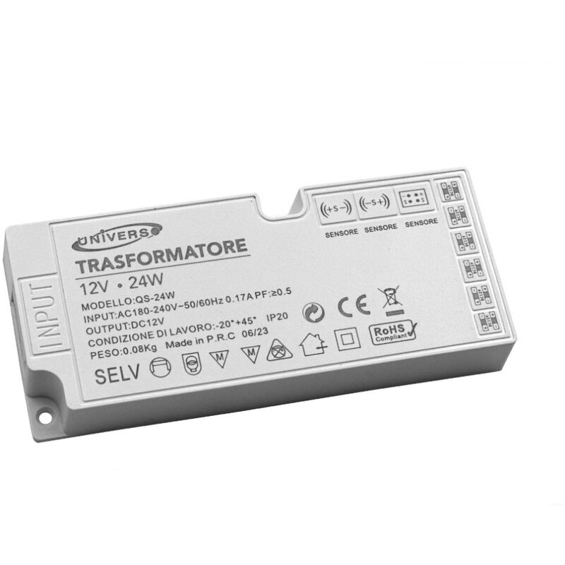 foto del prodotto vetrineinrete alimentatore trasformatore slim da 230v a 12v 24 watt per strip led sensori luci 6 uscite 3 ingressi