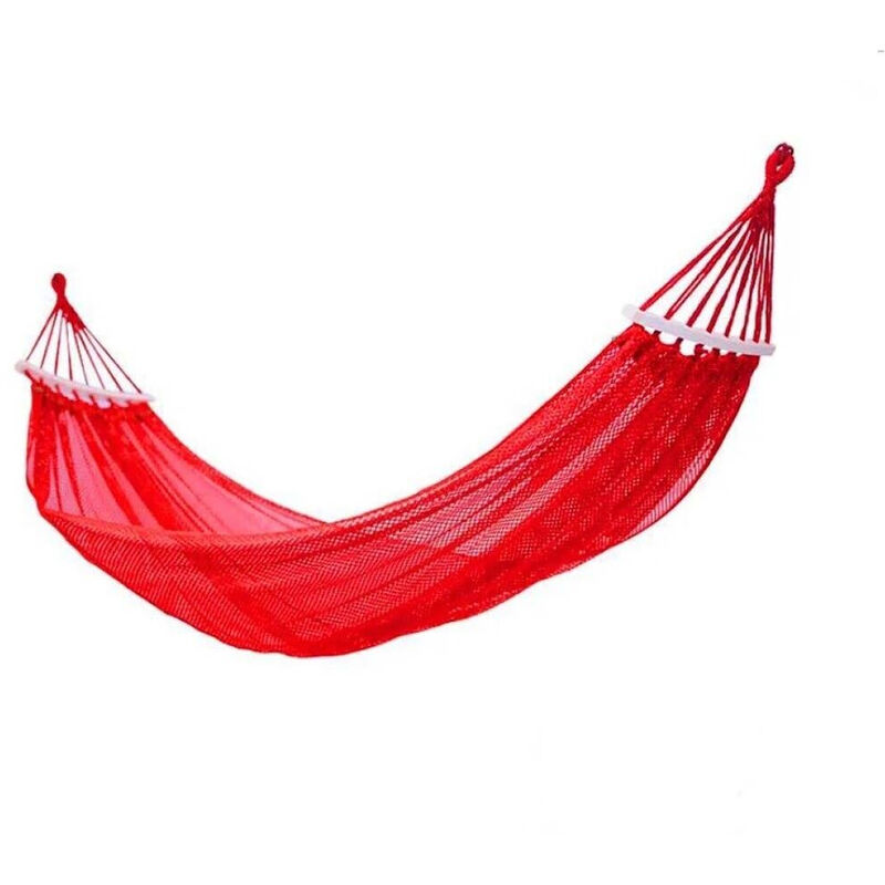 foto del prodotto vetrineinrete amaca da giardino e da campeggio colorata in cotone con supporto in legno da appendere con sacca per il trasporto 185x135 cm rosso