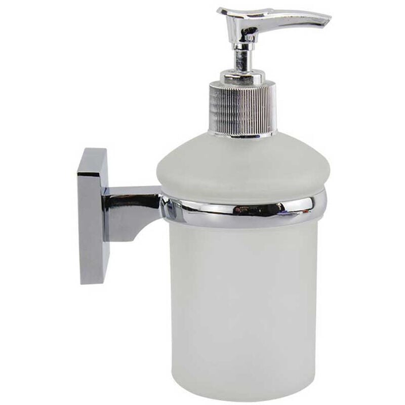 foto del prodotto vetrineinrete dispenser per sapone liquido da parete in acciaio bicchiere in vetro satinato fissaggio con viti o senza viti biadesivo accessori