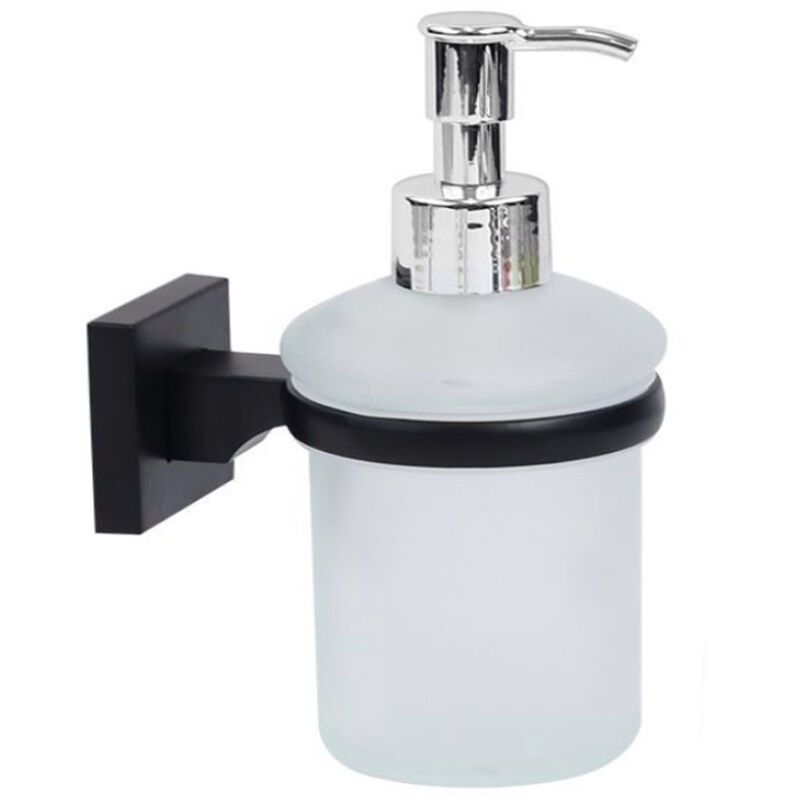 foto del prodotto vetrineinrete dispenser sapone da muro in acciaio nero e vetro satinato portasapone fissaggio con viti o senza viti biadesivo accessori arredo bagno