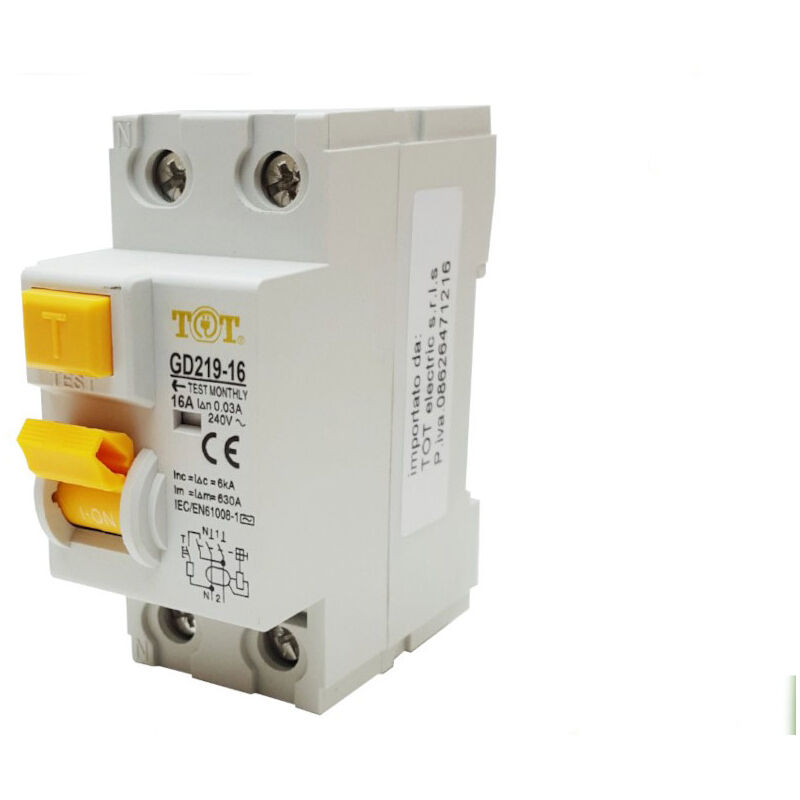 foto del prodotto vetrineinrete - interruttore magnetotermico differenziale salvavita modulare per quadro elettrico 2 moduli 2p n 6ka 16 ampere