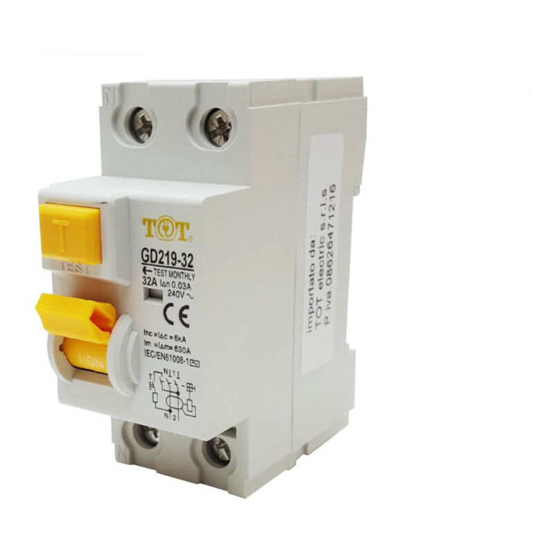 foto del prodotto vetrineinrete - interruttore magnetotermico differenziale salvavita modulare per quadro elettrico 2 moduli 2p n 6ka 32 ampere