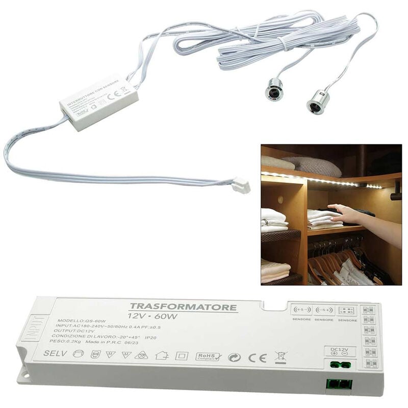 foto del prodotto vetrineinrete - kit 2 sensori interruttore per strip led armadi mobili sensore per luci con alimentatore 12v 24v 60 watt