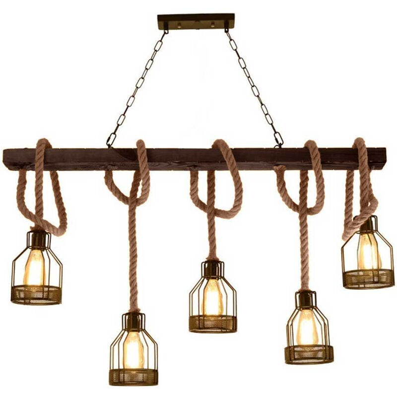 foto del prodotto vetrineinrete lampadario a sospensione in legno 5 portalampada in corda di canapa e metallo lampada da tavolo da cucina vintage country e27