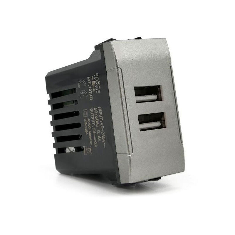 foto del prodotto vetrineinrete modulo presa doppia usb da muro per placca cassetta 503 compatibile con living light international air 5v 2 usb silver