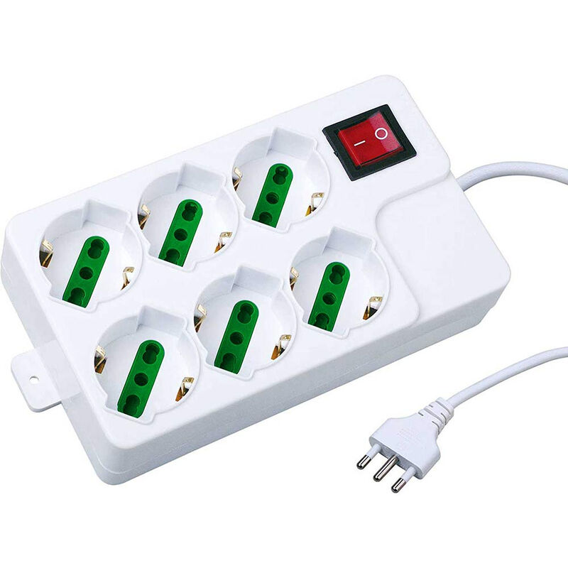 foto del prodotto vetrineinrete multipresa schuko ciabatta elettrica a 6 posti polivalenti 10 16a con protezione da sovratensioni e interruttore on off 250v max 2500