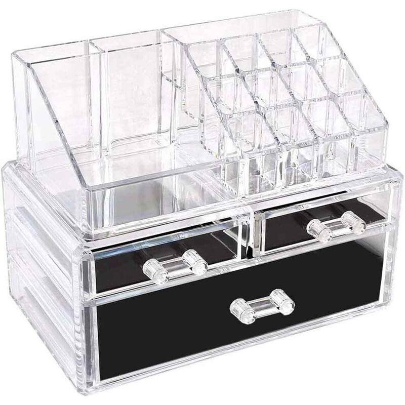 foto del prodotto vetrineinrete organizer per trucchi e pennelli scatola trasparente con cassetti e scomparti organizzatore per cosmetici espositore 2 cassetti