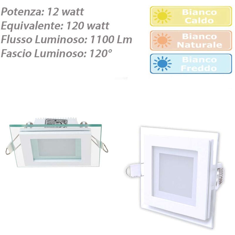 foto del prodotto vetrineinrete pannello led slim incasso bordo in vetro 12 watt cct tre colorazione di luce calda fredda naturale quadrato