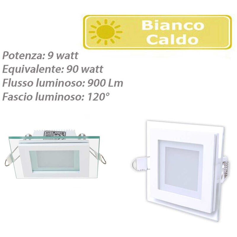 foto del prodotto vetrineinrete pannello led slim incasso bordo in vetro quadrato 9 watt luce caldo 3000k