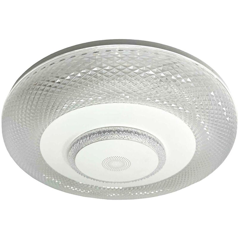 foto del prodotto vetrineinrete plafoniera rgb 72 watt cassa bluetooth diffusore trasparente luce bianca calda naturale con telecomando dimmerabile app