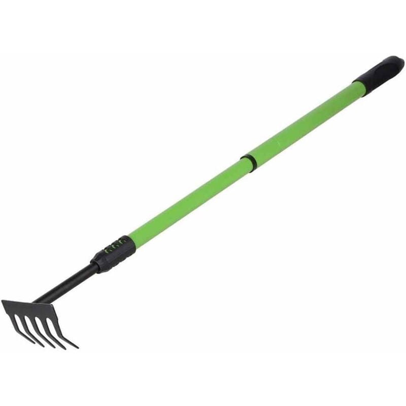 foto del prodotto vetrineinrete rastrello da giardino da 5 denti curvi con manico telescopico allungabile regolabile richiudibile estensibile da 53 a 80 cm attrezzo